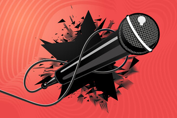 Microphone with black star. Vector mic. Music background illustration, modern style.