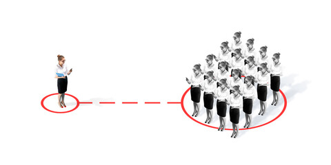 Studio shot of people demonstrating social distancing with arrows indicating the separation. Office workers during coronavirus outbreak with new rules for safety and healthcare. High angle view