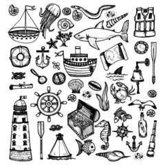 Big set of cute hand drawn elements of marine theme including ships, anchors, fish, shells and others. Hand drawn marine collection