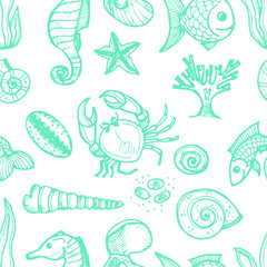Seamless pattern with cute hand drawn elements of marine theme including fish, shells and others. Hand drawn marine collection