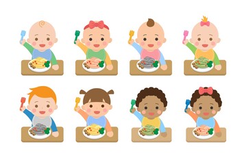 Set of cute babies and their daily illustrations, baby food, baby noodles