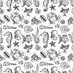 Seamless pattern with cute hand drawn elements of marine theme including fish, shells and others. Hand drawn marine collection