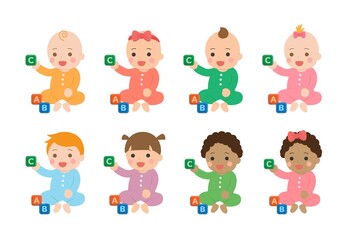 Set of cute babies and their daily illustrations, babies are playing with toys and building blocks