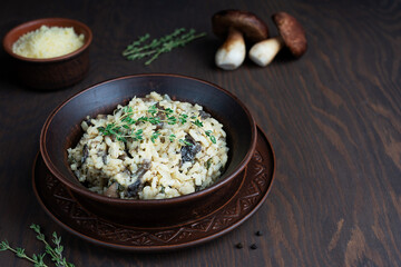 Creamy tasty risotto or Italian arborio rice dish cooked with broth, mushrooms, onion, white wine, olive oil and parmesan cheese on dark brown wooden background at kitchen. Image with copy space