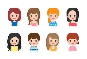 Variety of woman, girl, cute, smile, facial expression, hair color, cute illustration, set
