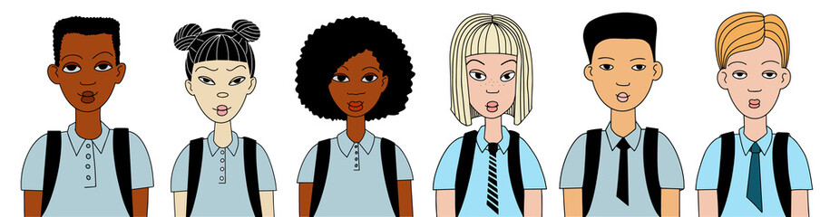 Fototapeta premium Set of children characters. Group of teenagers of different nationalities in school uniforms. isolated on white background. Vector illustratin doodle style