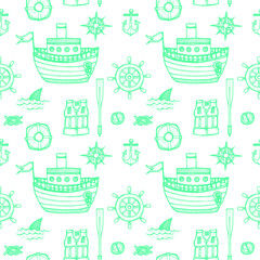 Seamless pattern with cute hand drawn elements of marine theme including ships, anchors, fish, shells and others. Hand drawn marine collection