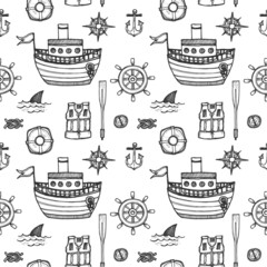 Seamless pattern with cute hand drawn elements of marine theme including ships, anchors, fish, shells and others. Hand drawn marine collection