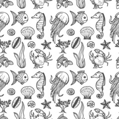 Seamless pattern with cute hand drawn elements of marine theme including fish, shells and others. Hand drawn marine collection
