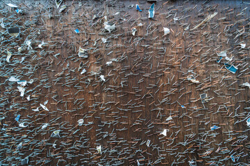 Background of noteboard filled with many staples
