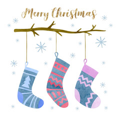 Watercolor illustration of socks. Merry christmas postcard.