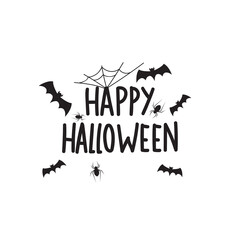 Vector illustration of creepy spider web and a spider, bat. Handwriting lettering happy halloween.