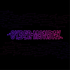 Cyber Monday with tech circuit board texture. Vector inscription cyber monday on black background.