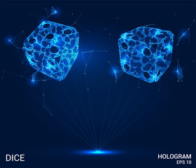 The hologram of the dice. Dice of polygons, triangles of points, and lines. Dice is a low-poly compound structure. The technology concept.