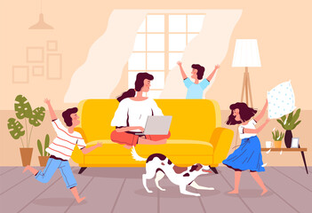 Mom works at home on a laptop while the children play with the dog and make noise. Difficulties of teleworking. Calm mom with annoying children