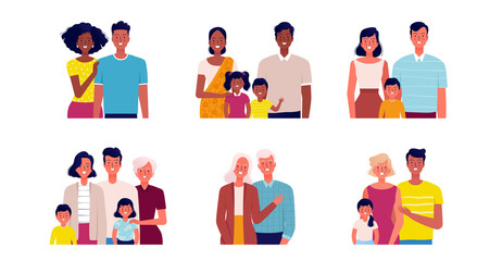 Different families set. People of different ages and nationalities. Families young and old, with and without children. Love and happiness concept