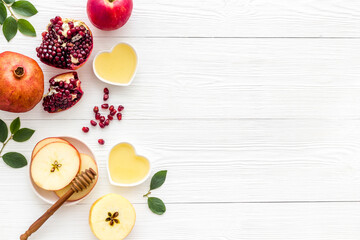 Jewish holiday background - food for Rosh Hashanah. Above view