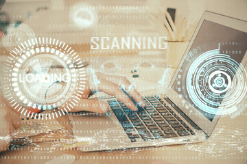 Businessman working on Laptop with technology theme drawing. Concept of big data. Double exposure.