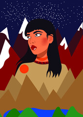 Girl on the background of the night landscape of mountains and lake