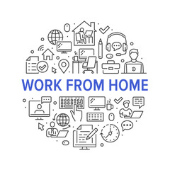 Work from home circle poster with line icons. Vector illustration included icon as freelance worker with laptop, workplace, pc monitor, business man outline pictogram for remote job flyer or brochure