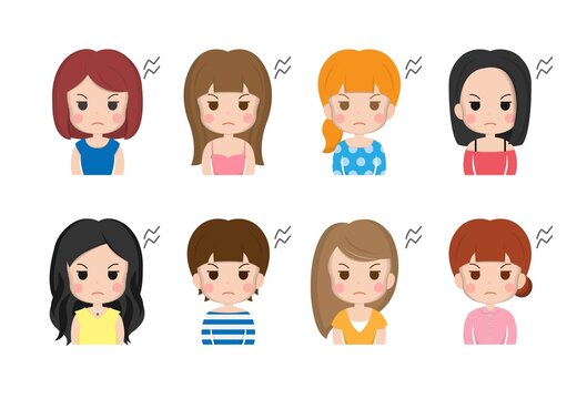Women, girl, cute, angry, sad, complaining, facial expression, manga, cute illustration, set
