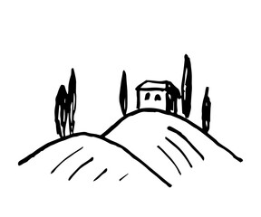 Simple hand-drawn vector drawing in black outline. Traditional landscape, hill house, cypresses, farm fields. For prints, logo, label, postcard.