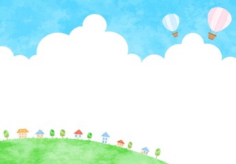 シンプルな熱気球と街並みのイラスト