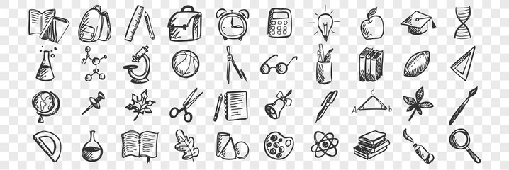 School doodle set. Collection of hand drawn sketches patterns templates of classroom equipment books blackboards desks on transparent background. Back to college unversity and education illustration.