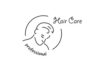 Hair care linear style icon with handsome guy face. Isolated vector emblem of young man. Black and white outline logo template for hair salons, barber shops or shampoo labels
