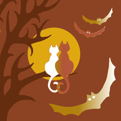 Vector image of two cats sitting on the branches of a tree at a full moon surrounded by bats in gold and brown tones