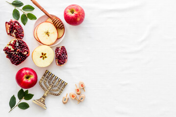 Apple honey and pomegranate for jewish new year - Rosh Hashanah. Top view