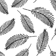Mono print style scattered leaves seamless vector pattern background. Simple lino cut effect painterly leaf foliage on white backdrop. At home hand crafted design concept. Minimal repeat for packaging