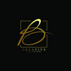 Stylish Letter B Gold Signature Logo Design Template with Squareline Background © hd