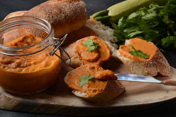 Squash puree (squash caviar) in a glass jar .Homemade caviar of vegetables 