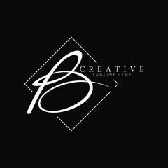 Stylish Letter B White Signature Logo Design with Squareline Background