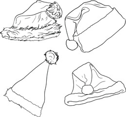 Isolated drawing Santa Claus hats. Set for New Year's decoration. For printing on packaging, clothes, elements for designers