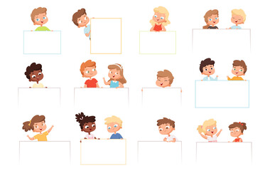 Childrens with banners. Kids holding blank white frames happy boys and girls vector cartoon characters. Illustration childhood boy and girl with paper billboard