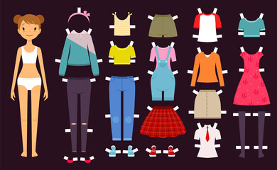 Paper doll. Cute toys female doll with various wardrobe clothes fashion girls vector illustration. Dress female, wear girl paper model