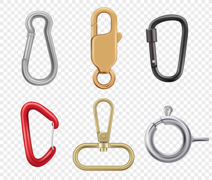 Carabine hook. Climbers for hiking loop vector keys and lock illustrations realistic. Safety hook for climbing, metal and steel equipment tool