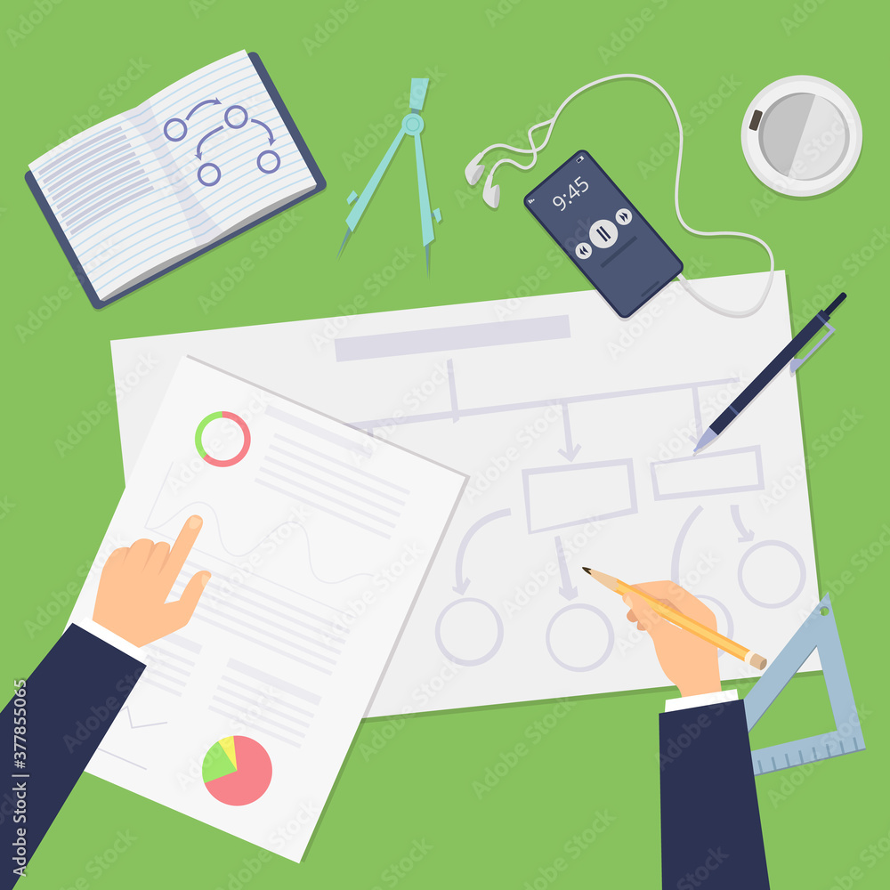 Poster planning. agile concept, top view business plan or startup project. hands drawing financial schemes 