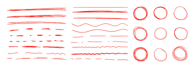 Vector Set of Red Colorful Underline Strokes and Circles, Hand Drawn Design Elements, Correction Marks, Drawings Collection.