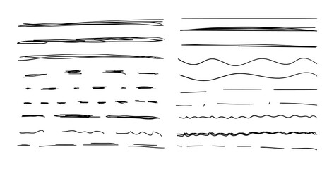 Vector Set of Hand Drawn Lines, Black Drawings Isolated on White Background, Brush Stokes.