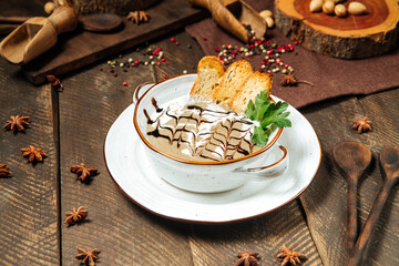 Gourmet mushroom cream soup with toasts in a bowl