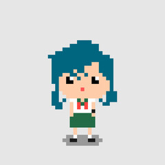 Cute anime girl pixel image. Kids in vector illustration