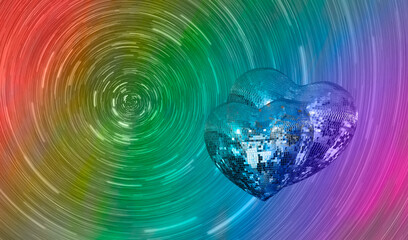 Star trails of heart shape Love symbol with Heart Shaped Disco Ball