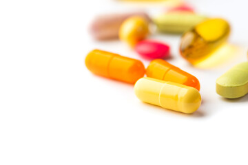 Selective focus on colorful medication and pills