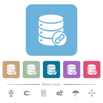 Database attachment flat icons on color rounded square backgrounds
