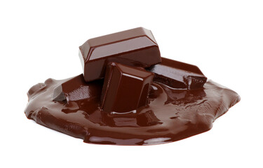 Melting piece of dark chocolate bar on white