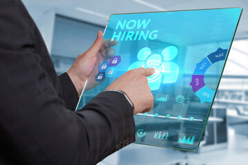 Business, Technology, Internet and network concept. NOW HIRING inscription, modern technology business concept.