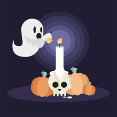 Halloween ghost cartoon with skull and pumpkins vector design